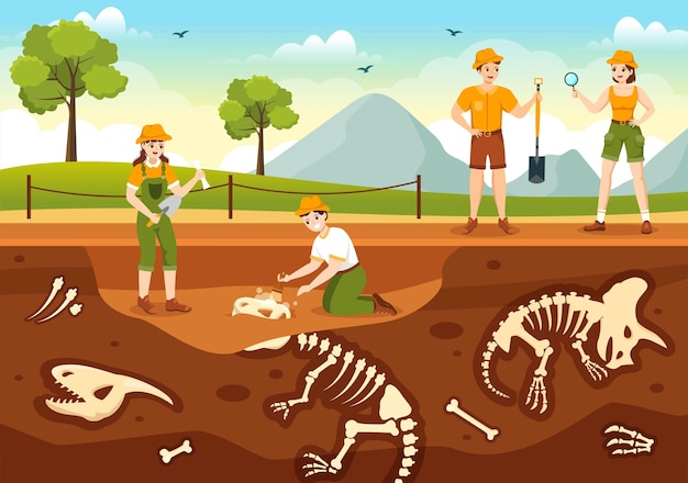 Vector fossil illustration with archaeologists finds dinosaur skeletons on excavation or digging soil layer