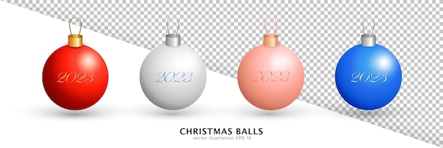 Four 3d baubles with 2023 text. Cartoon white, red, pink and blue realistic hanging Christmas balls