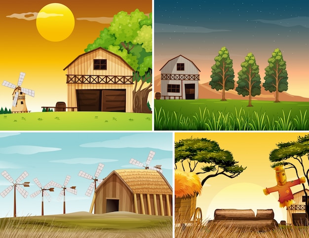 Four background scenes of farmyards