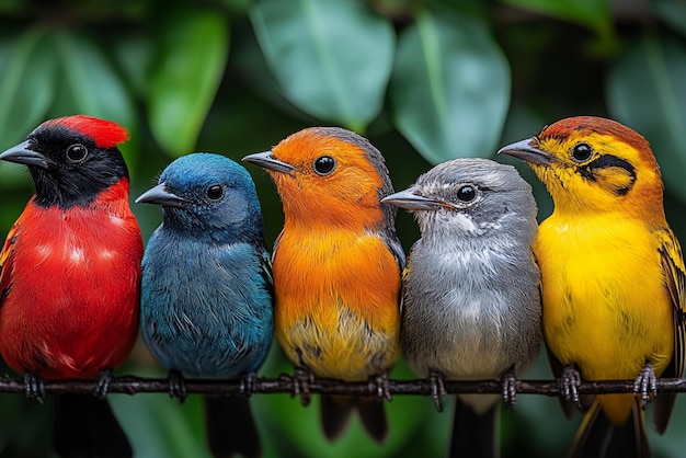 Vector four birds are sitting on a wire one of which is red yellow and blue