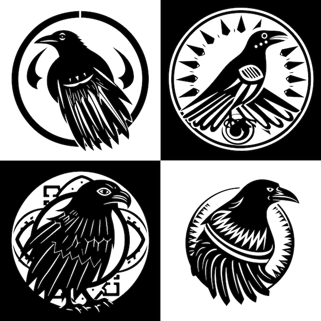 Four black crows are shown in a set of four illustrations.