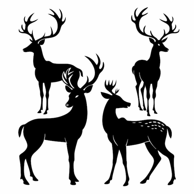 Vector four black silhouettes of deer each with unique antlers