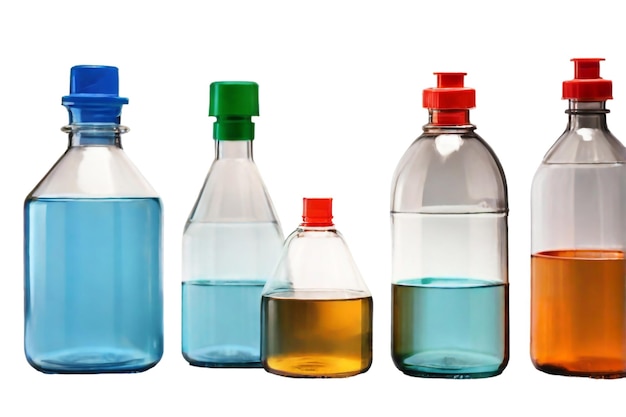 four bottles of different colors are shown with a white background