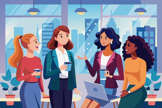 Four businesswomen stand and sit in a modern office with a city view chatting and enjoying coffee during a break