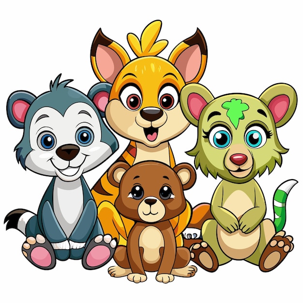 Four Cartoon Animals Sitting on White Background