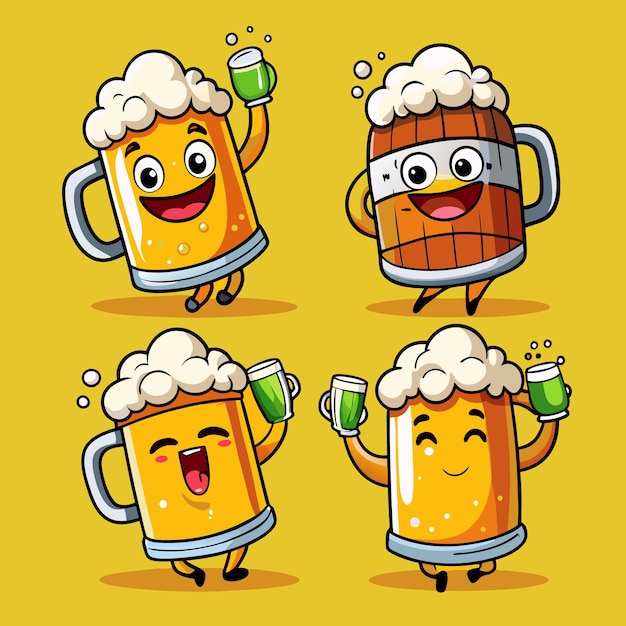 Four cartoon beer mugs with different expressions two holding a green mug