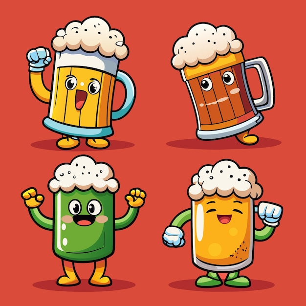 Vector four cartoon beer mugs with faces one green one brown and two yellow the mugs have happy expressions with two of them giving a thumbs up