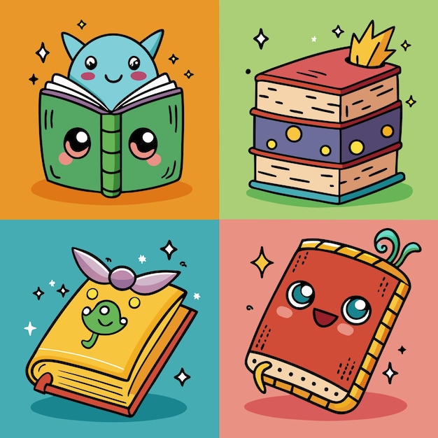 Four cartoon books with different expressions and details