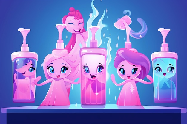 Four Cartoon Characters Holding Disinfecting Utensil