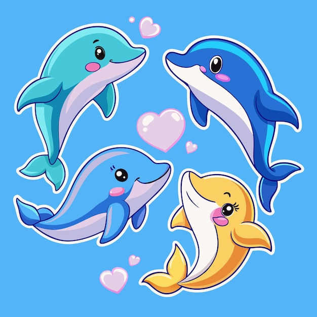 Vector four cartoon dolphins with hearts