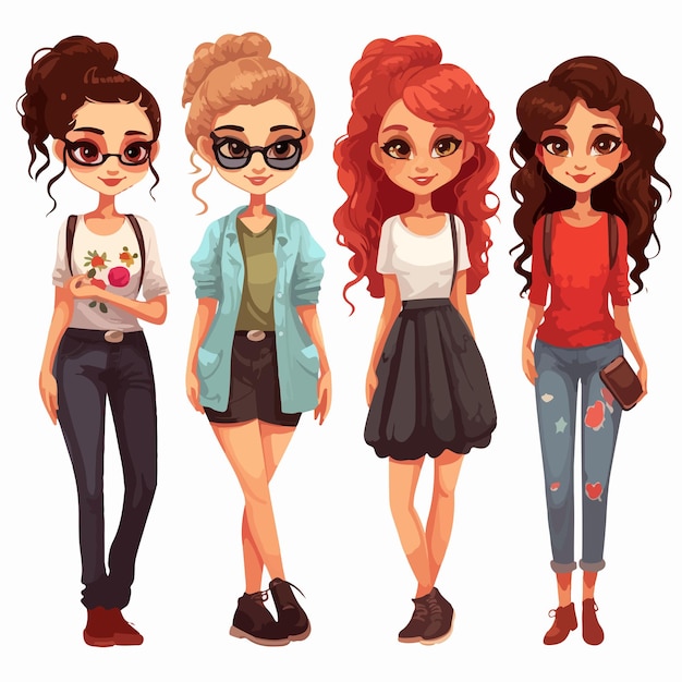 Vector four cartoon girls with different hairstyles and clothes