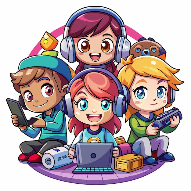 Vector four cartoon kids with headphones using tech devices