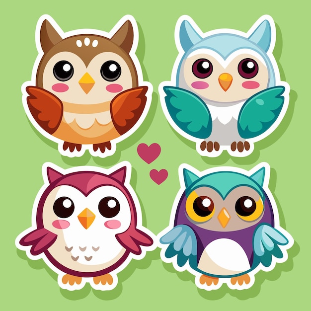 Four cartoon owls with big eyes two hearts in the middle on a green background