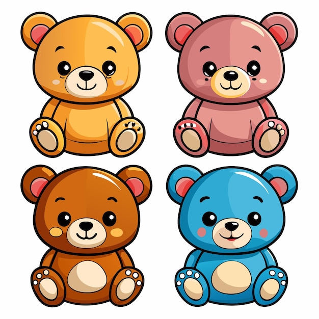 Vector four cartoon teddy bears each a different color sitting with smiles