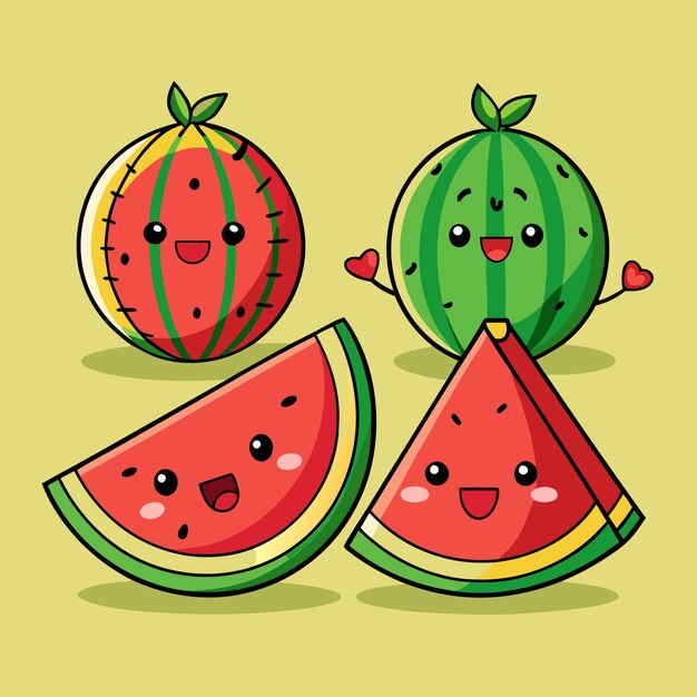 Vector four cartoon watermelons one green and three red with happy faces two holding hearts