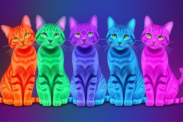 four cats with different colored paws and one has green and blue stripes