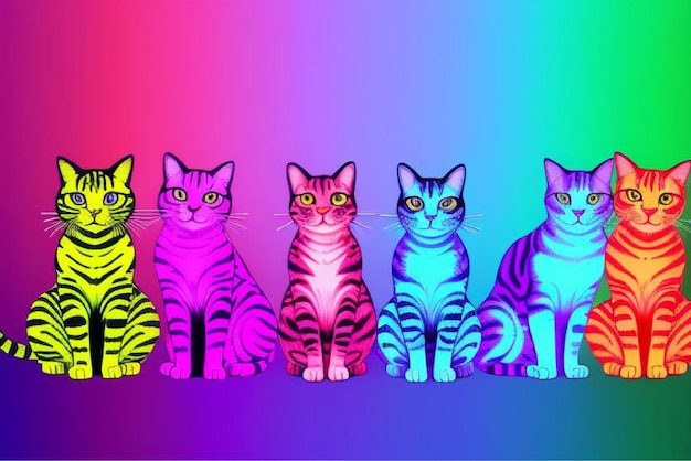 Vector four cats with different colored stripes are on a colorful background