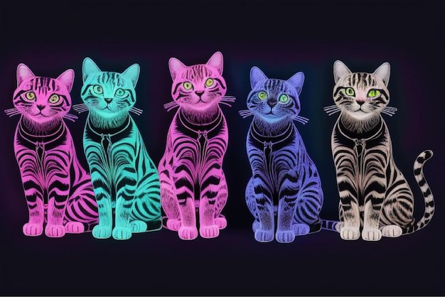 four cats with different colors and one has a striped pattern on the front