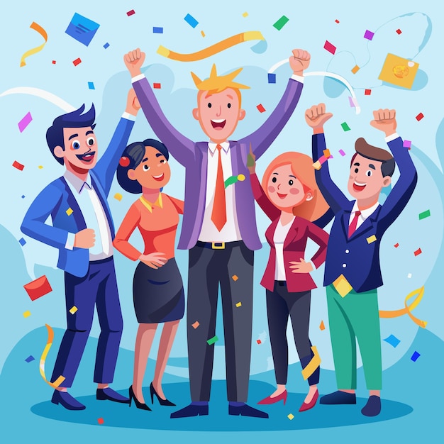 Vector four cheerful business people celebrate a successful project they are all dressed in business attire and are smiling and laughing the background is filled with confetti