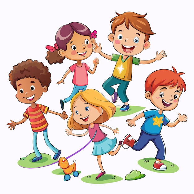 Vector four cheerful children in colorful clothes playing with a toy animal in a park