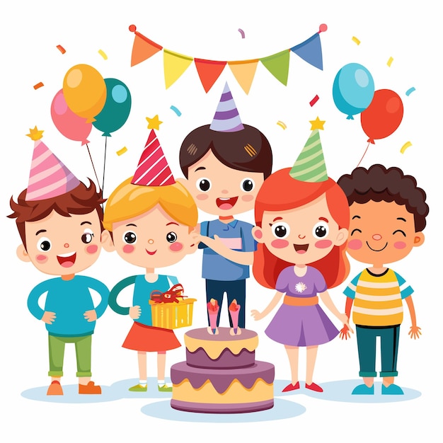 Vector four children celebrating a birthday with a cake balloons and confetti