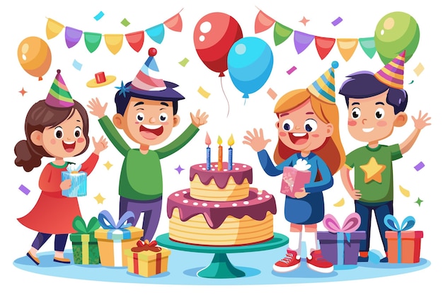 Four children celebrating a birthday with a cake presents and confetti