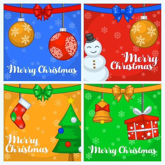 Four Christmas greeting card in cartoon styles.