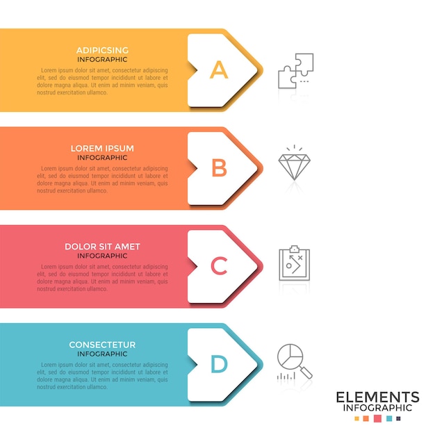 Four colorful arrows with text boxes and letters inside placed one below other and pointing at thin line icons. Concept of 4 successive steps. Modern infographic design template. 