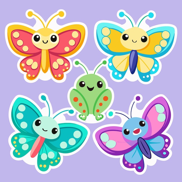 Four colorful butterflies and a green bug with cute smiles on a purple background