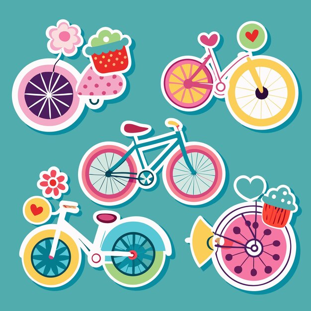 Four colorful cartoon bicycles with decorative elements