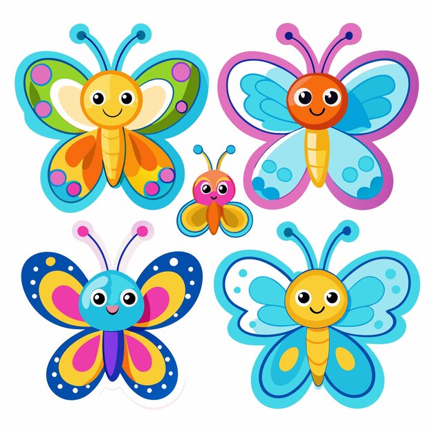 Vector four colorful cartoon butterflies with smiling faces and wings