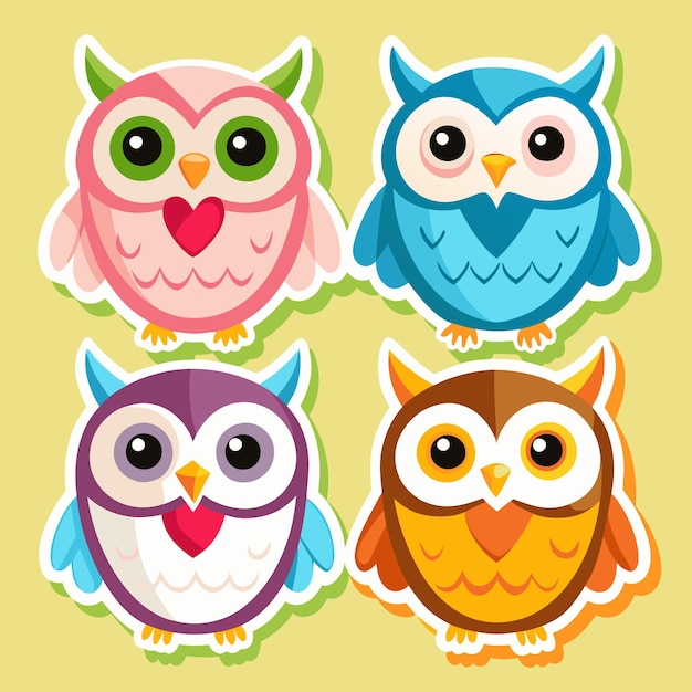 Vector four colorful cartoon owls in a sticker style