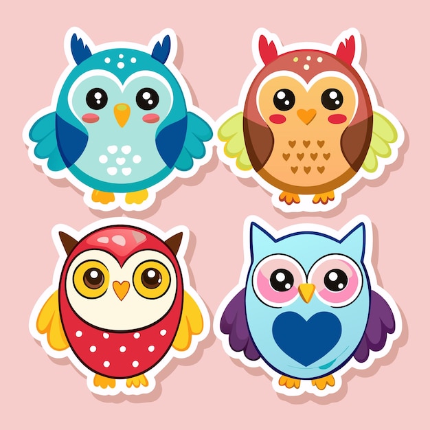 Four colorful cartoon owls with big eyes on a pink background