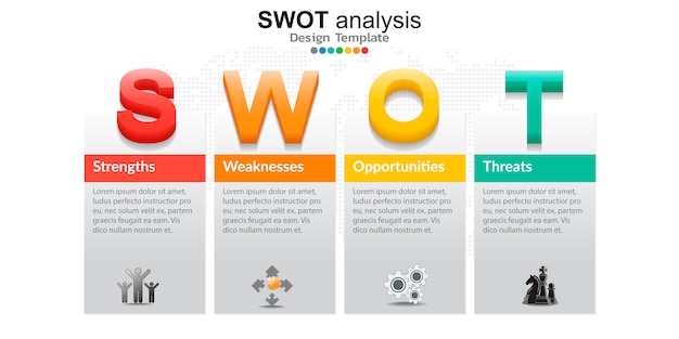 Four colorful elements with icons for SWOT analysis