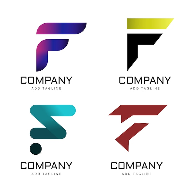 Four colorful F logos for different companies