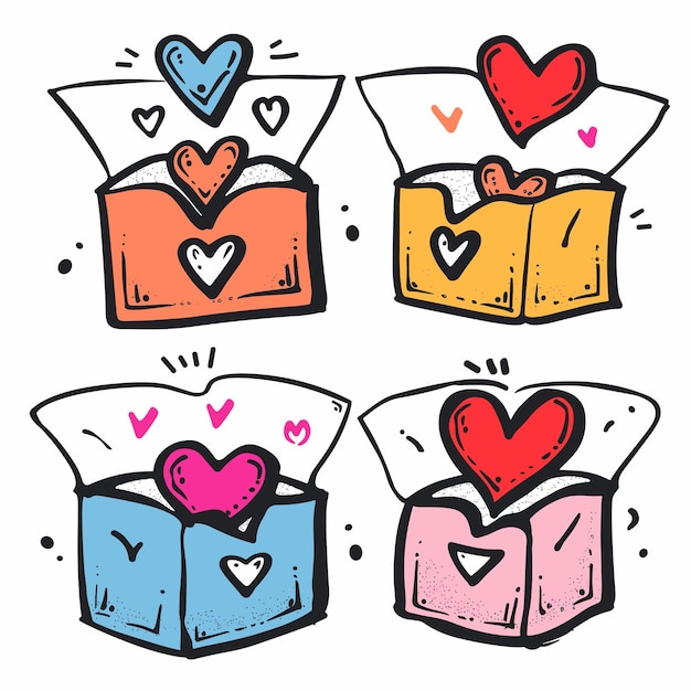 Four colorful gift boxes heart shapes popping out handdrawn cartoon style box unique color