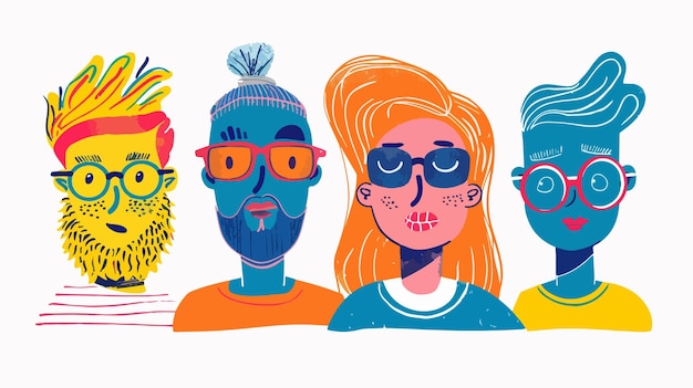 Vector four colorful modern fun faces characters in artistic style