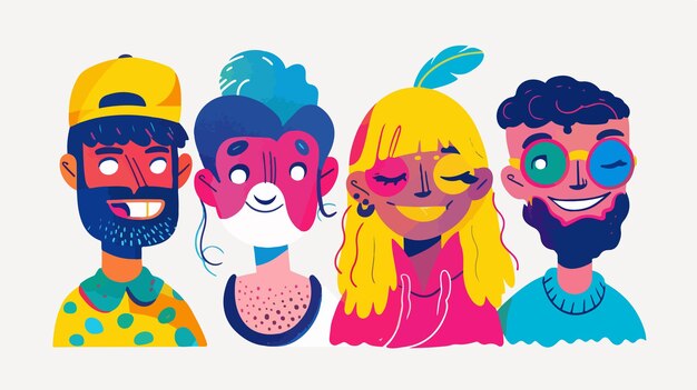 Vector four colorful modern fun faces characters in artistic style