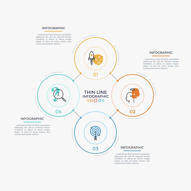 Four connected round elements with thin line icons and numbers inside, text boxes. Closed cyclic business process with 4 steps. Simple infographic design template. Vector illustration for brochure.