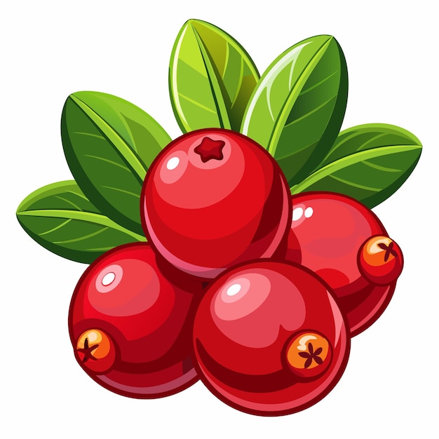 Four Cranberries with Green Leaves