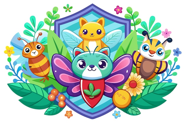 Four Cute Animals Surrounded by Green Foliage and Flowers