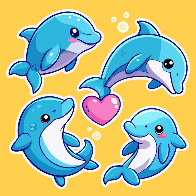 Vector four cute blue cartoon dolphins with hearts and bubbles on a yellow background