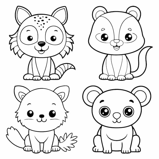 Vector four cute cartoon animals a cat a bear a wolf and a fox are depicted in black and white outline