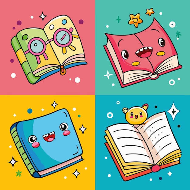 Vector four cute cartoon books with colorful covers happy expressions and fun details