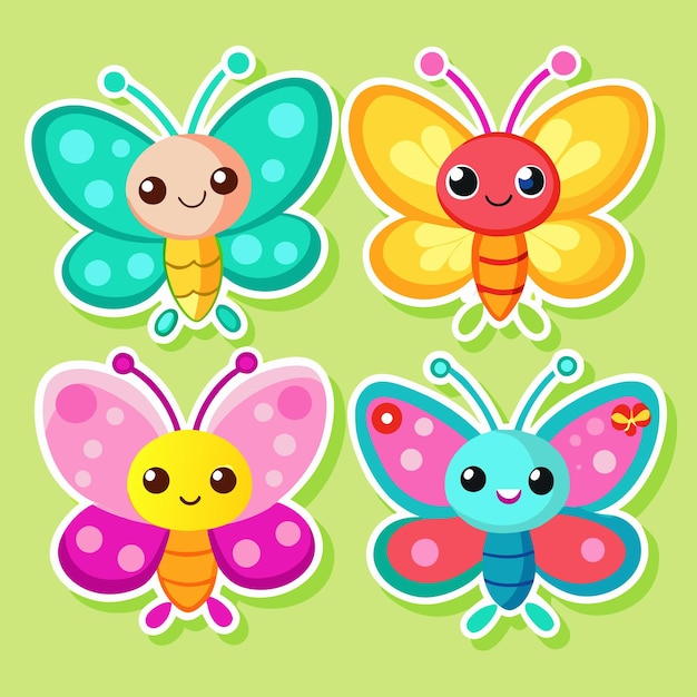 Four cute cartoon butterflies with big eyes smiles and different colorful patterns