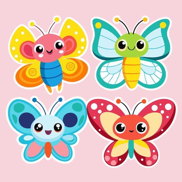 Four cute cartoon butterflies with bright colors and big eyes perfect for kids39 design