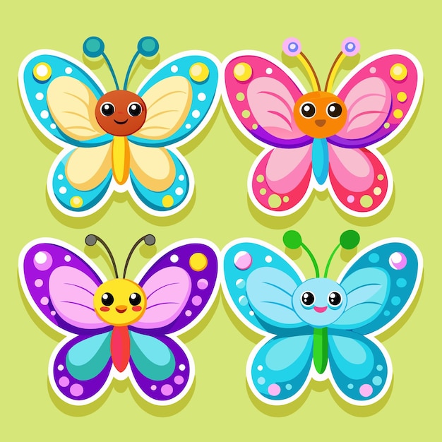 Four cute cartoon butterflies with colorful wings and smiling faces