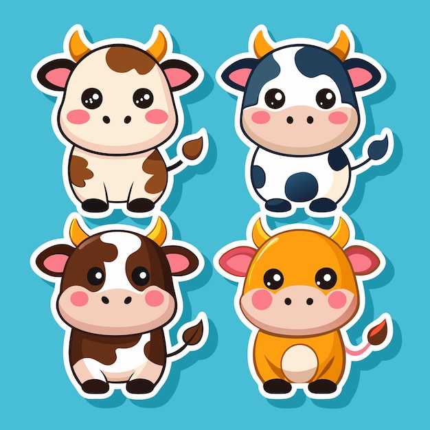 Vector four cute cartoon cows with different colored spots and tails