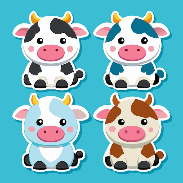 Vector four cute cartoon cows with different spots and colors on a blue background