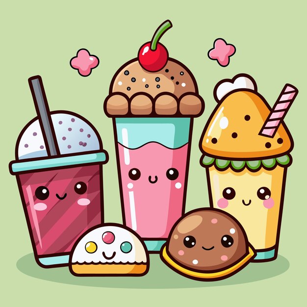 Vector four cute cartoon drinks and desserts with smiling faces